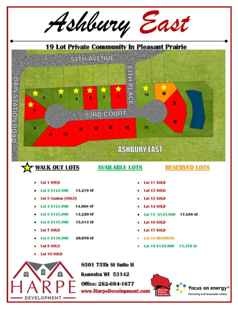 Ashbury East, Pleasant Prairie Wisconsin, 19 lot community flyer