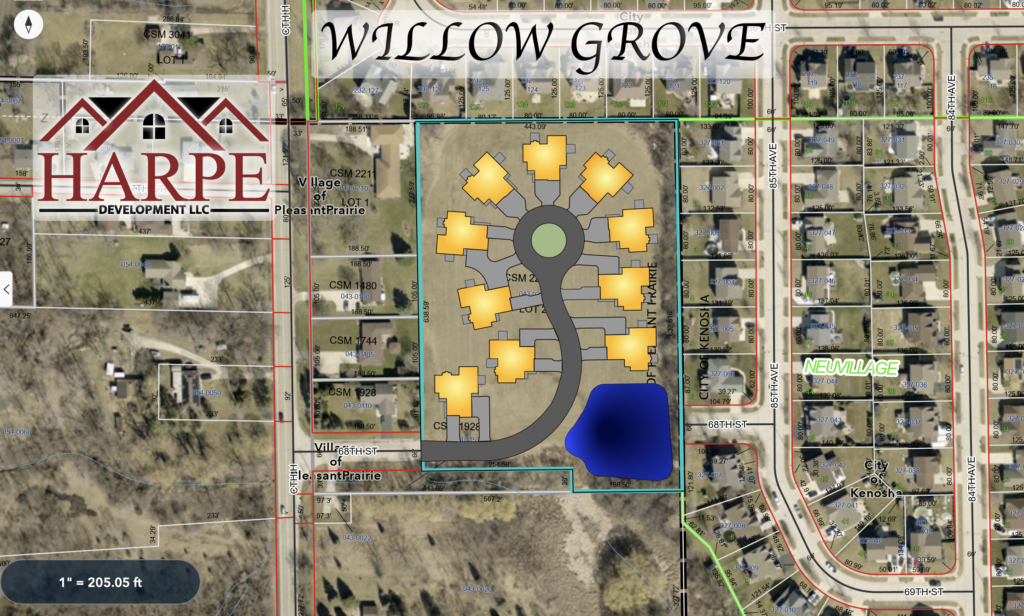 WILLOW GROVE, PLEASANT PRAIRIE WISCONSIN SATELLITE VIEW OF LUXURY RANCH CONDOMINIUM DEVELOPMENT